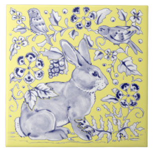 Carreau Cobalt Blue Yellow Rabbit Bird Bois Floral