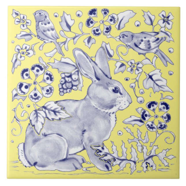 Carreau Cobalt Blue Yellow Rabbit Bird Bois Floral (Devant)