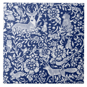 Carreau Cobalt Marine Bleu Bois Animal Fox Rabbit Deer