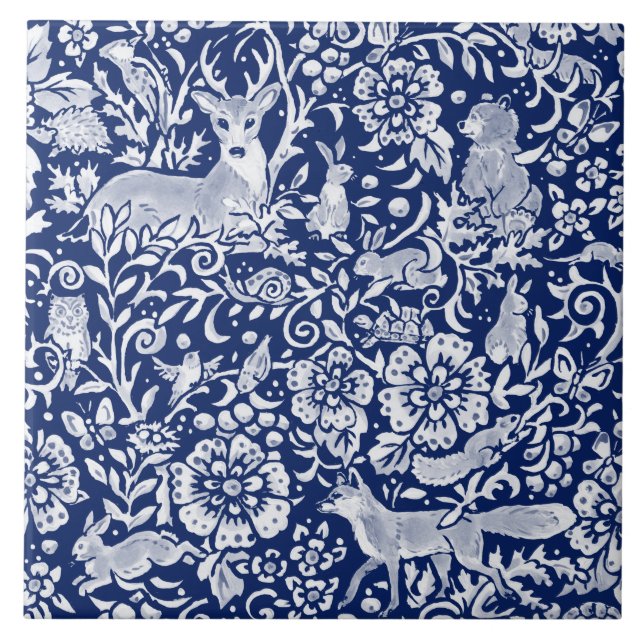 Carreau Cobalt Marine Bleu Bois Animal Fox Rabbit Deer  (Devant)