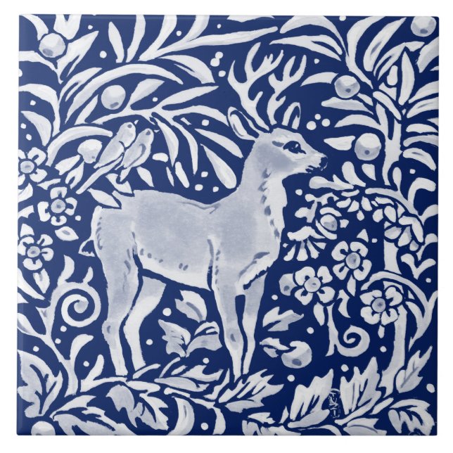 Carreau Cobalt Marine Bleu Bois Animaux Cerfs Oiseau Flora (Devant)