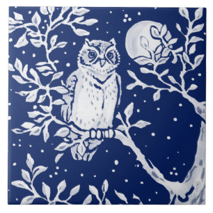 Carreau Cobalt Marine Bleu Bois Chouette animal Nuit Lune