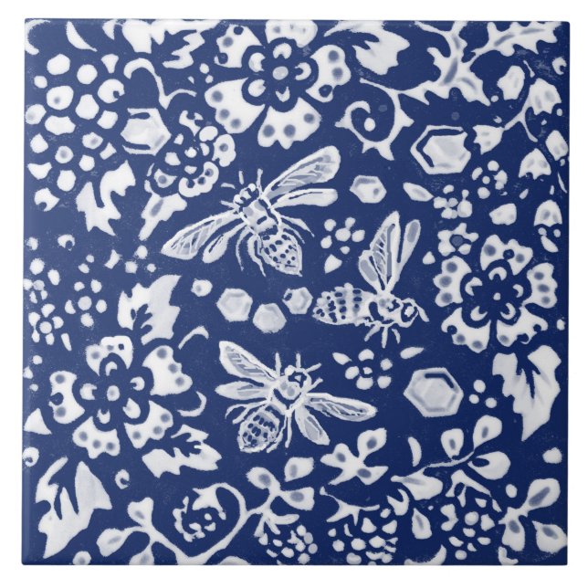 Carreau Cobalt Marine Bleu Cobalt Bee Beehie Animal Floral (Devant)