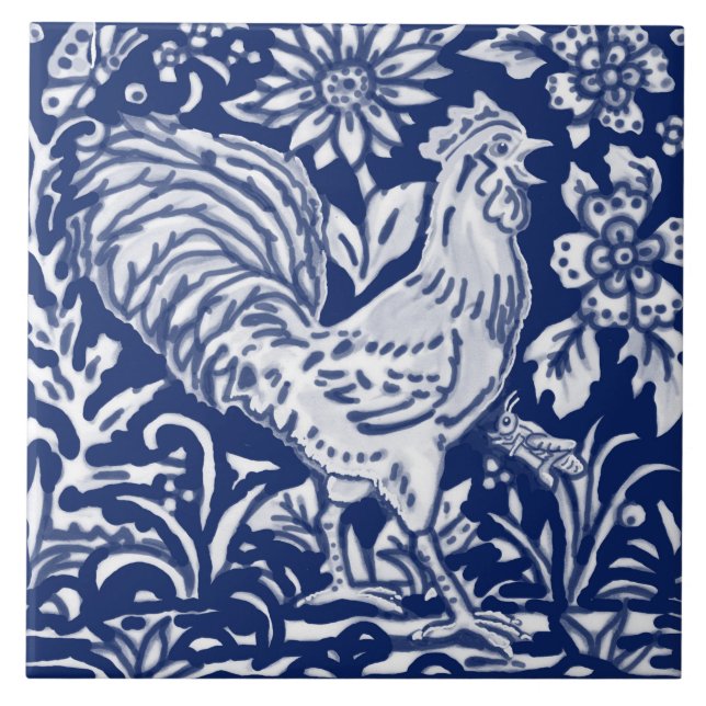 Carreau Cobalt Marine Bleu Cobalt Rooster Poulet Floral (Devant)