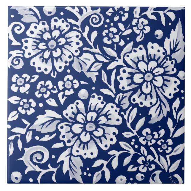 Carreau Cobalt Marine Bleu Flore Feuilles de fleurs comple (Devant)