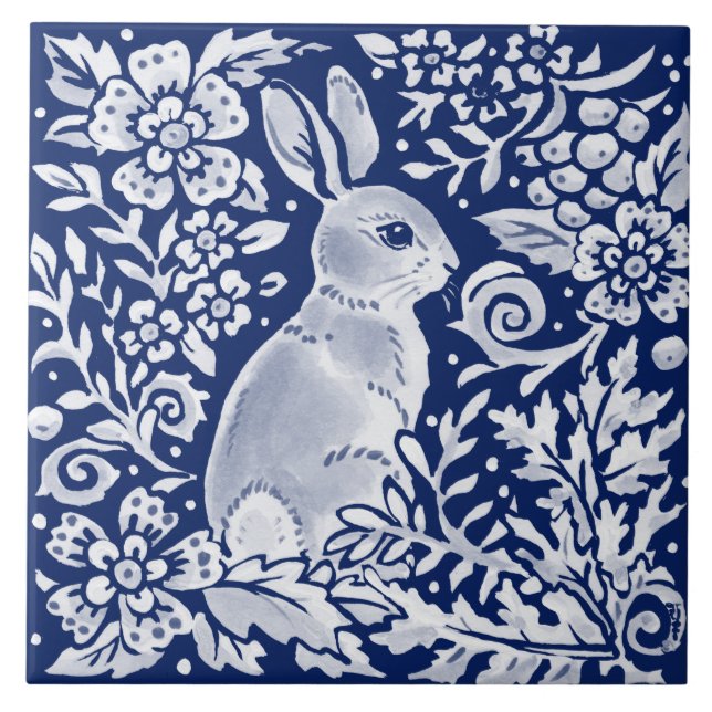 Carreau Cobalt Marine Blue Rabbit Woodland Delft Dedham (Devant)
