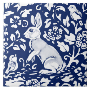 Carreau Cobalt Navy Blue Rabbit Bird Dedham Delft Morris