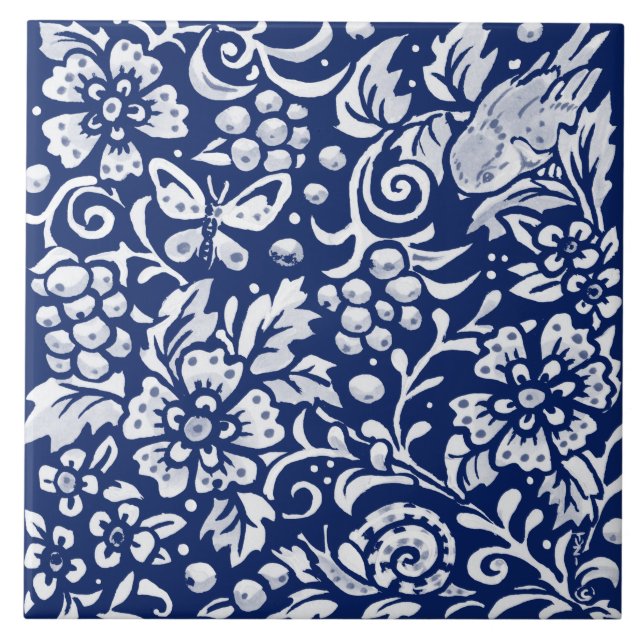 Carreau Cobalt Navy Blue Woodland Animal Bird Insect (Devant)