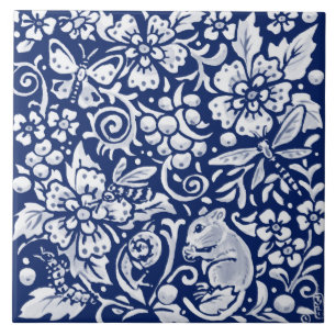 Carreau Cobalt Navy Blue Woodland Animal Souris Abeille In