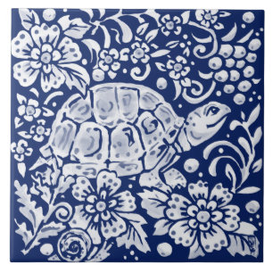 Carreau Cobalt Navy Blue Woodland Turtle Snail Floral