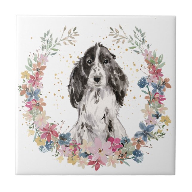 Carreau Cocker Spaniel Spring Flowers Wreath (Devant)