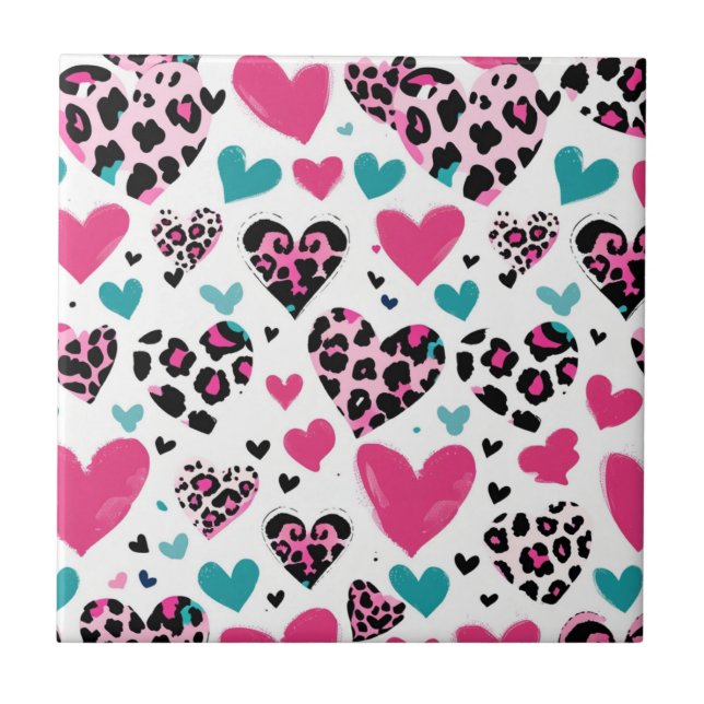 Carreau Cœur Amour Léopard Gras – Rose, Noir & Sarcelle (3 (Devant)