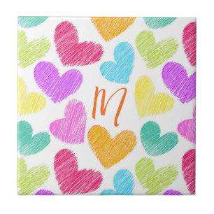 Carreau Coeur coloré mignon Pastel Valentine Love Monogram