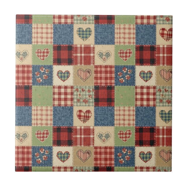 Carreau Cœur de courtepoint de campagne Patchwork Rouge Bl (Devant)
