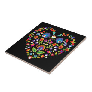 Carreau Coeur folklorique, style Wycinanki  