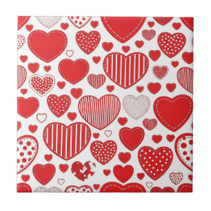 Carreau Cœur Gras Rouge Blanc Noir Doodles Romantiques