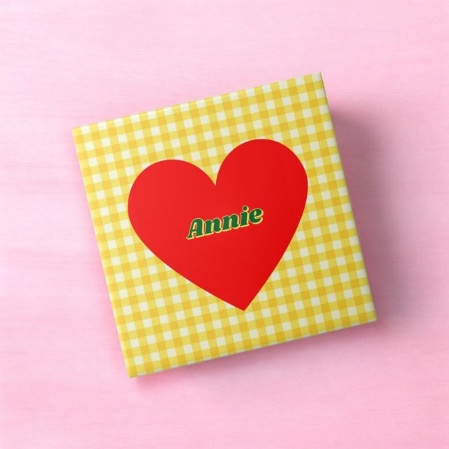 Carreau Coeur rouge Jaune En vichy Saint Valentin (Red Heart Yellow Gingham Valentine's Day Ceramic Tile)