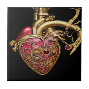 Carreau Cœur Steampunk Rubis et Engrenages Anatomiques