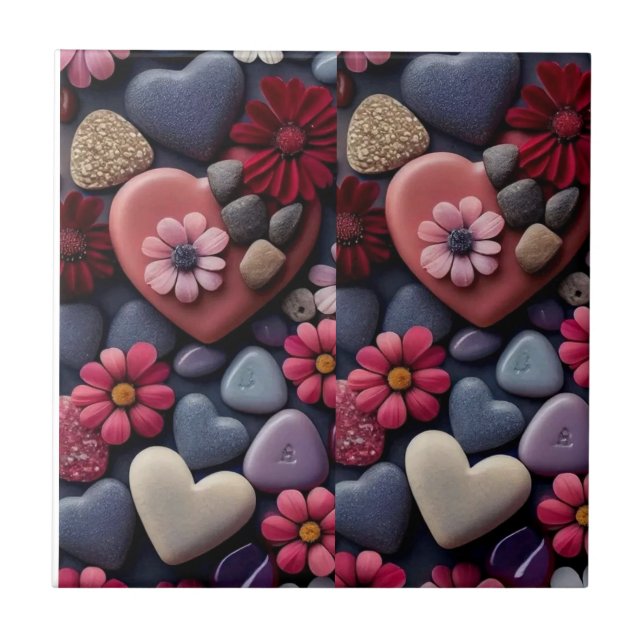 Carreau Coeurs Assortis et Fleurs Mosaïque (Devant)