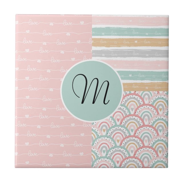 Carreau Coeurs de patchwork Monogramme arc-en-ciel Carrela (Devant)