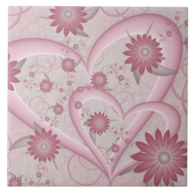 Carreau Cœurs et fleurs abstraits roses Amour Art fractal (Devant)
