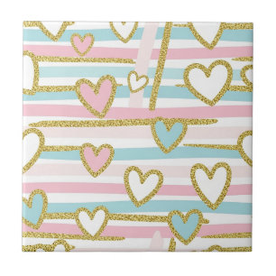 Carreau Cœurs Romantiques Mignons et Rayures Pastel Or