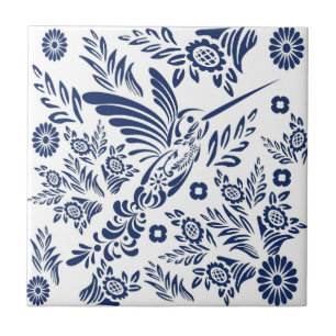 Carreau Colibri bleu et blanc Talavera floral mexicain
