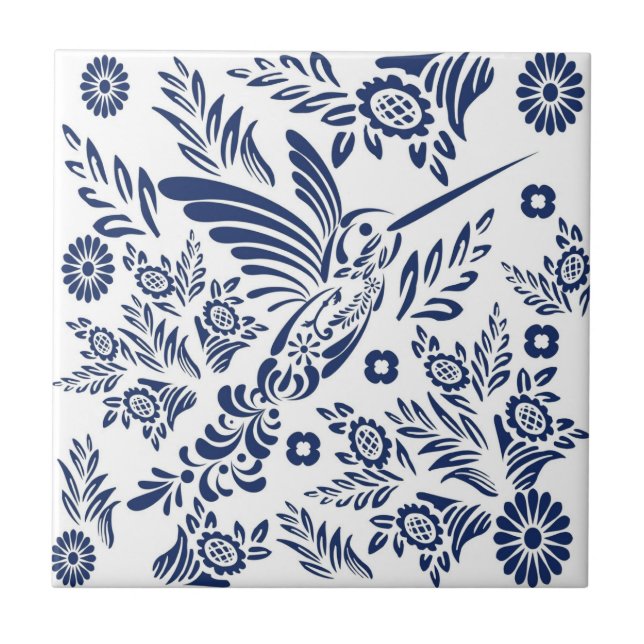 Carreau Colibri bleu et blanc Talavera floral mexicain  (Devant)