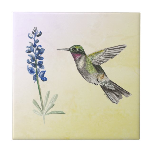 Carreau Colibri et Bluebonnet sur rose et jaune (Devant)