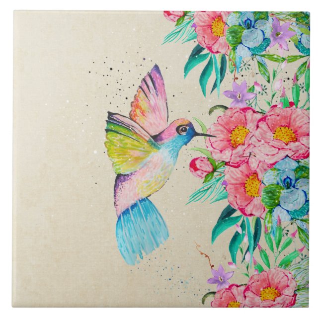 Carreau Colibri et fleurs d'aquarelle (Devant)