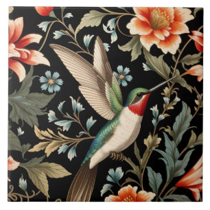 Carreau Colibri magnifique sur fond floral sombre