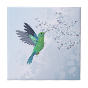 Carreau Colibri Vert Avec Fleur De Cerisier Bleu