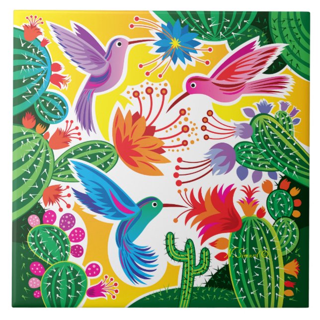 Carreau Colibris et cactus en fleurs (Devant)