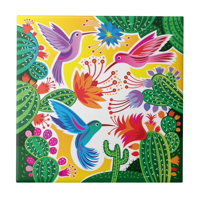 Carreau Colibris et cactus en fleurs (Devant)
