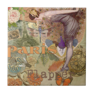 Carreau Collage Art Déco Paon Flapper Paris Vintage