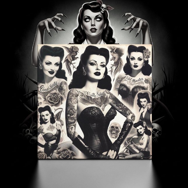 Carreau Collage de femme gothique tatouée vintage (Créateur téléchargé)