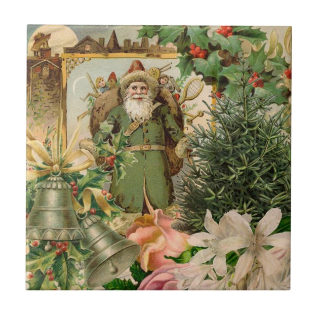 Carreau Collage de Noël Père Noël vert de l'ancien monde A (Devant)