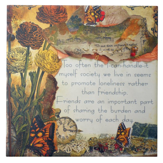 Carreau Collage en techniques mixtes Fleurs Papillons Amit (Devant)