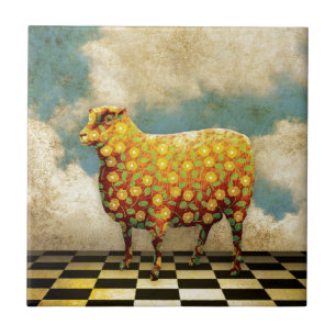 Carreau Collage floral de moutons de calicot