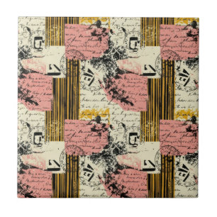 Carreau Collage Grunge Vintage Magenta Moutarde Noir Crème