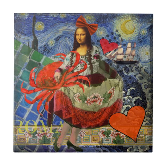 Carreau Collage Nuit étoilée de Mona Lisa : Surréalisme fa (Devant)