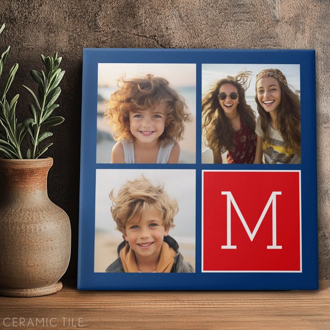 Carreau Collage photo bleu et rouge avec Monogramme (Custom Tile)
