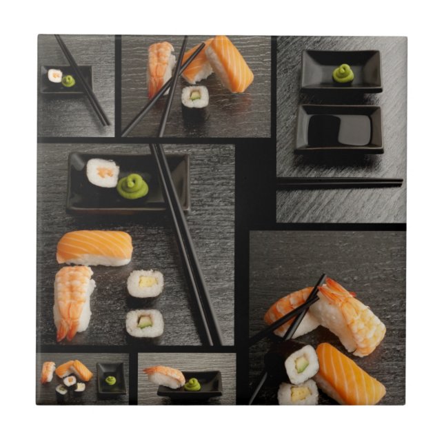 Carreau Collection de sushi sur l'arrière - plan noir (Devant)