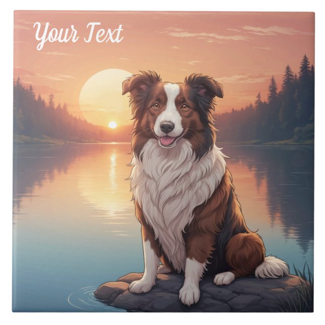 Carreau Collie rouge et blanc au bord du lac (Devant)