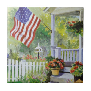 Carreau Colonial Country Home American Flag Front Porch