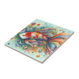 Carreau Coloré Koi Poisson Whimsical Aquarelle Orange Turq