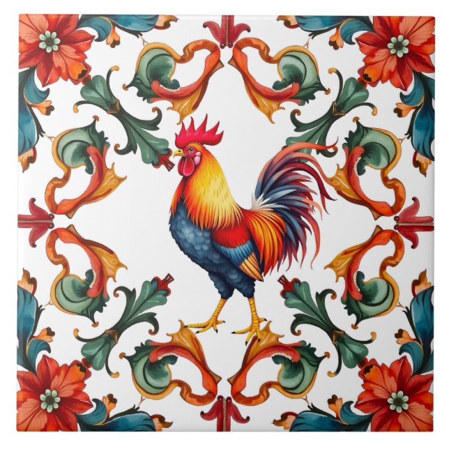 Carreau Coloré, Méditerranéen, mosaïque, coq, oiseau, (Devant)