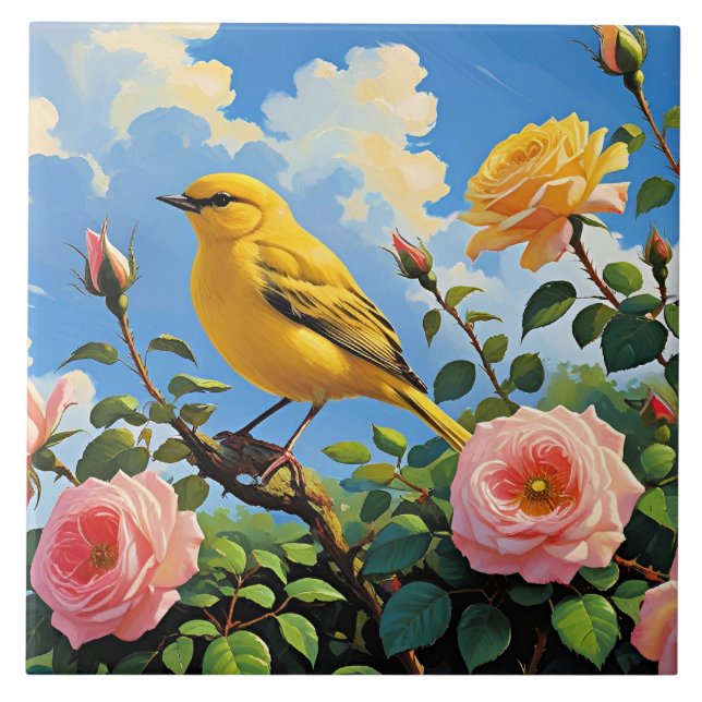 Carreau Colorful yellow bird and pretty pink roses (Devant)