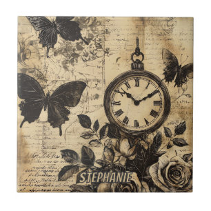 Carreau Compas vintage et papillon - Papier rustique (1)