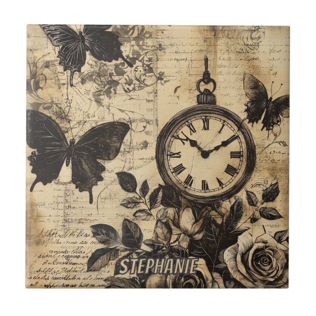 Carreau Compas vintage et papillon - Papier rustique (1) (Devant)